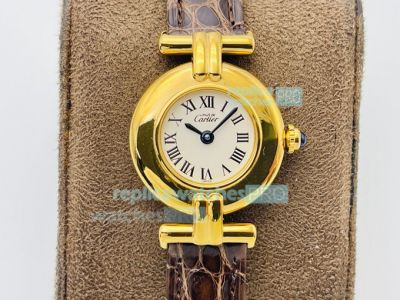 Swiss Must De Cartier Quartz Vintage Watch Gold Case White Dial Brown Leather